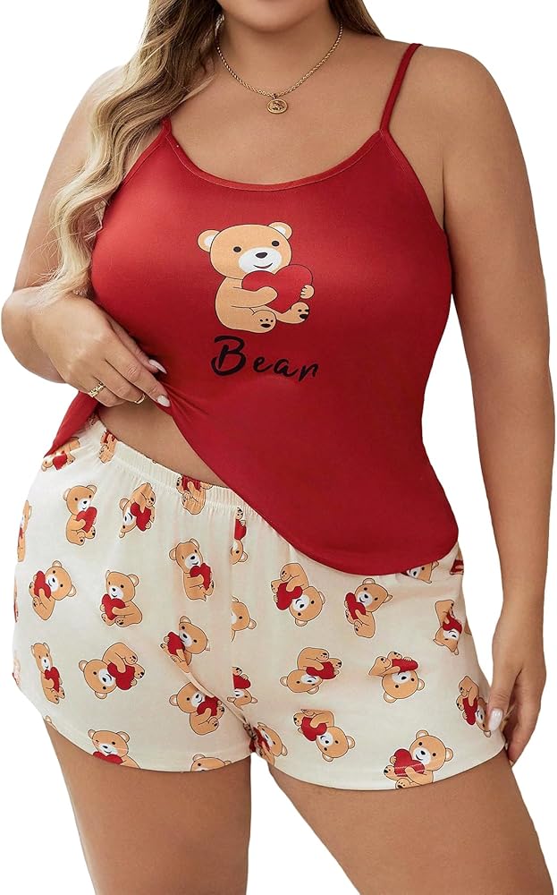 Floerns Women's Plus Size Cute Pajama Set Cartoon Print Cami Top and Shorts Lounge