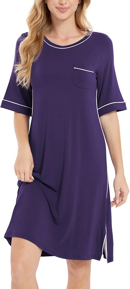 GYS Bamboo Viscose Nightgowns for Women Short Sleeve Crewneck Sleep Shirt