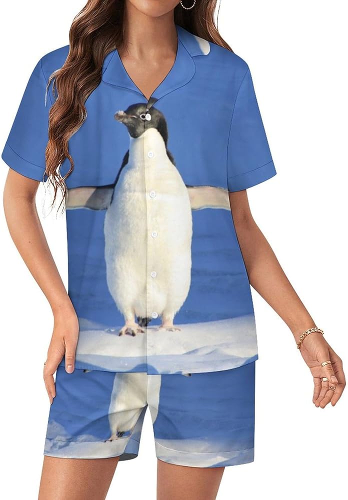 Penguin Womens Silk Satin Pajamas Set Short Sleeve Button-Down Sleepwear Loungewear Pj Set