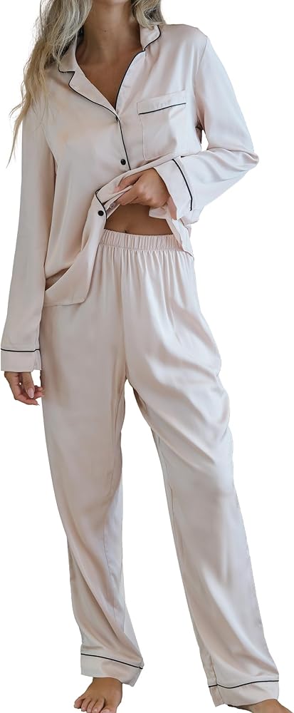 CUPSHE Satin Pajama Set for Women Button Down Long Pants Sets Sleepwear Soft Silk Loungewear