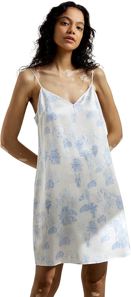 LilySilk 100% Silk Nightgown 19MM Mulberry Printed Silk Cami Night Dress with Spaghetti Straps & V Neck Relaxed Sexy