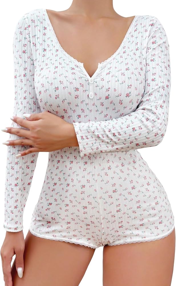 Verdusa Women's Floral Print V Neck Long Sleeve One Piece Pajama Onesie Sleepwear Romper