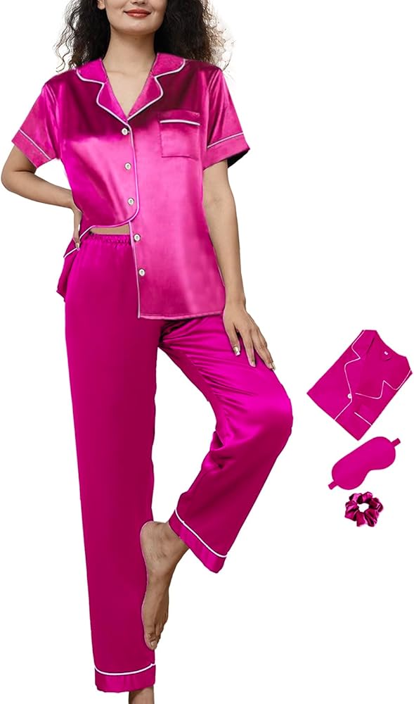 Womens Pajamas Set XS-4XL Silk Satin Pajama Sets Short Pj Sets Button Down Pjs Set Loungewear Sleepwear