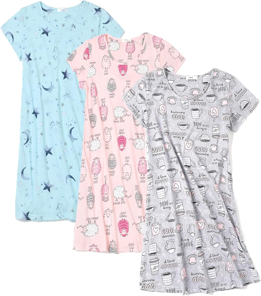 3 Pack Nightgowns for Women Soft Cotton Short Sleeve Night Shirts Womens Print Sleep Shirts Sleepwear