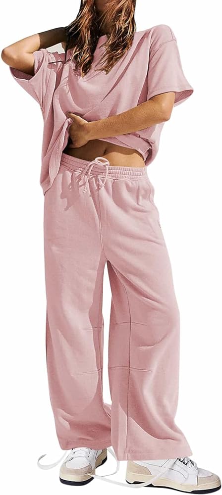 Pink Queen Womens Two Piece Outfits Short Sleeve Pullover Tops and Drawstring Wide Leg Pants Jogger Lounge Sets