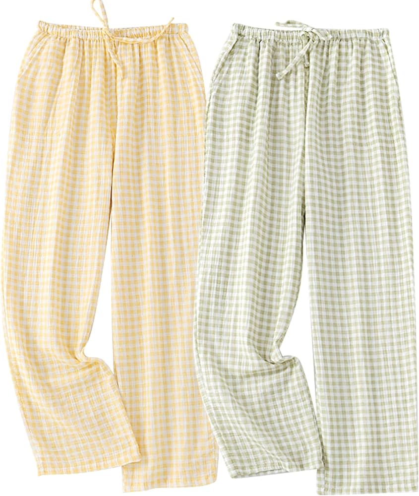 2 Pack Women's Cotton Pajama Bottoms Lightweight Sleep & Lounge Pants Plaid Sleepwear Long Pj Pants With Pocket