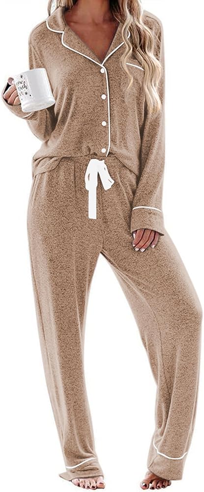 Ekouaer Women's Pajamas Long Sleeve Sleepwear Casual Button Down Loungewear Soft Pjs Set S-XXL