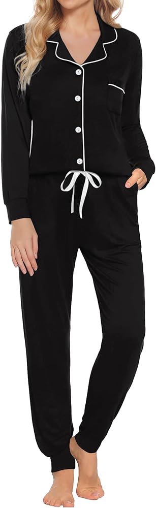 SWOMOG Womens Pajamas Set Long Sleeve Sleepwear Button Down Nightwear Soft Joggers PJs Sets with Pockets Lounge Sets