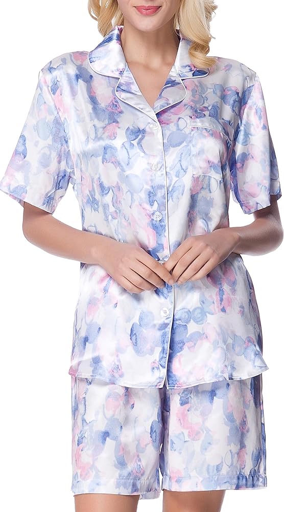 Lavenderi Women's Short Sleeve Classical Silky Satin Pajamas, Short Bottom Sleepwear