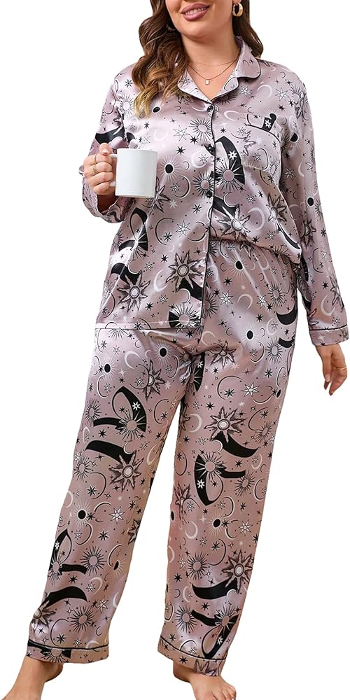 WDIRARA Women's Plus Size Satin Lace Long Sleeve Button Down Pajamas with Pants Lounge Set