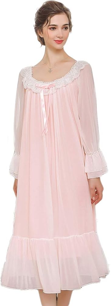 Women's Long-sleeve Mesh Nightdress Princess Vintage Nightgown Lace Sleepwear Pajamas