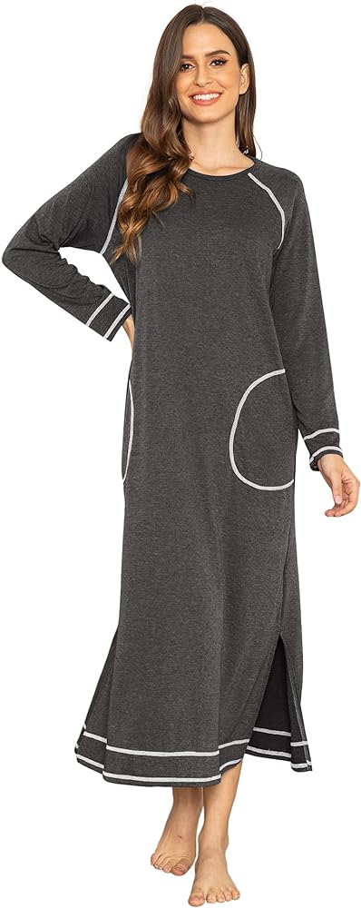 Ekouaer Women's Nightshirt Long Sleeve Nightgown Round Neck Sleepwear Full Length Pajama Dress with Pockets Loungewear S-XXL