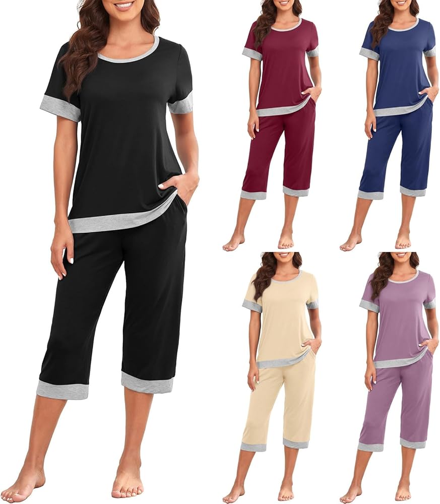 Womens Pajama Sets Soft Short Sleeve Sleepwear Two-Piece Lounge Sets with Pockets Casual Color Block Pjs Capri Pants