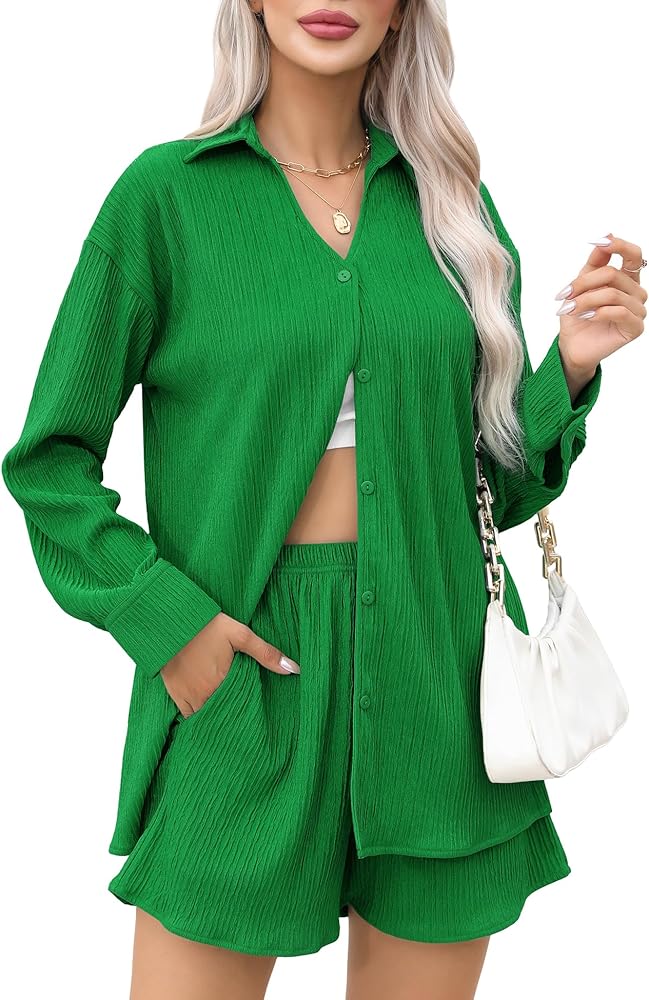 SWOMOG 2 Piece Outfit for Women Long Sleeve Button Down Shirt Wide Leg Pants Lounge Sets Casual Pleated Loungewear Sweatsuits