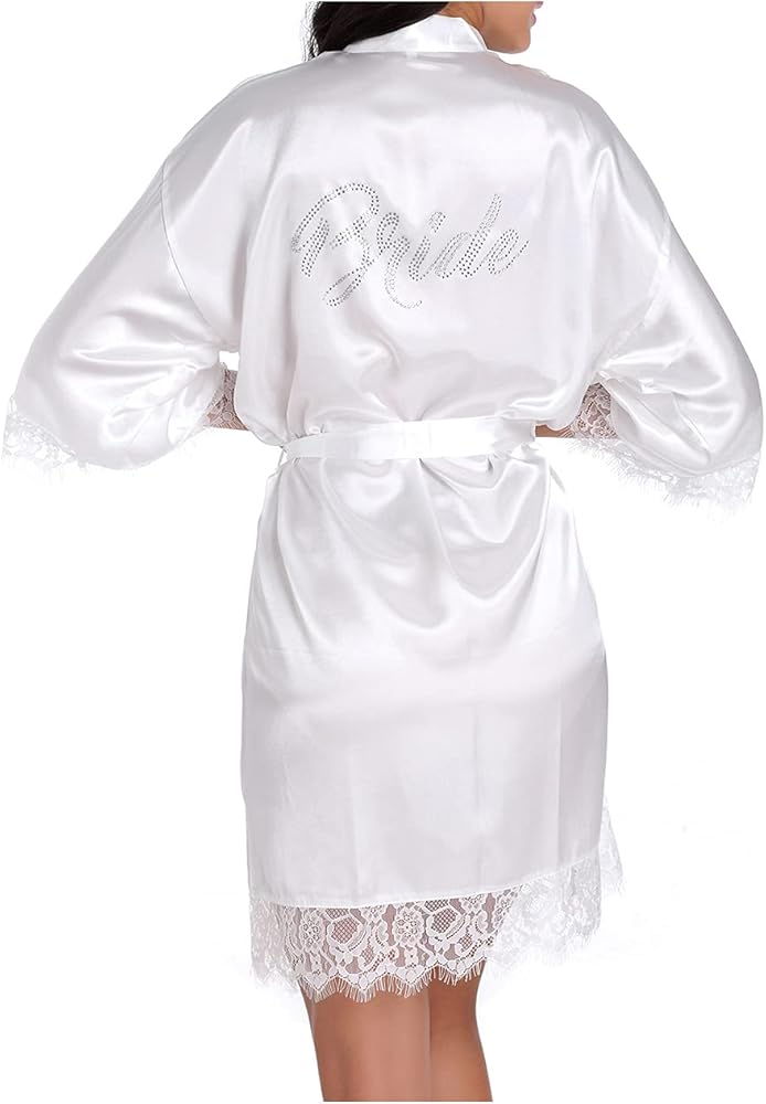 Bride Robes with Rhinestones Women Bathrobe Cardigan Lace Sleepwear Short Sleeve Nightdress Pure Color Thin