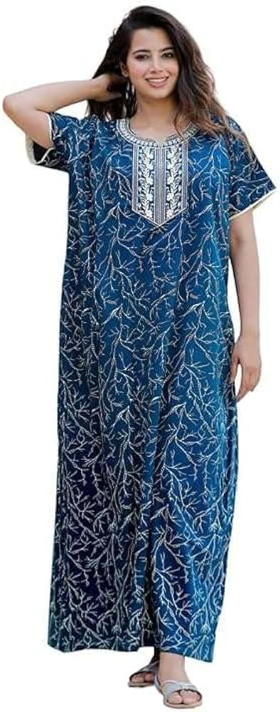 Women's Jaipuri Printed 100% Soft Cotton Indian full length Nightgowns/Nighty/Sleepwears Free Size Night Dress(Turquoise Blue)