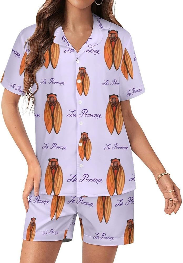 Midsummer Cicada Women's Pajamas Set Two Piece Button Down Sleepwear Short Sleeve And Shorts Loungewear