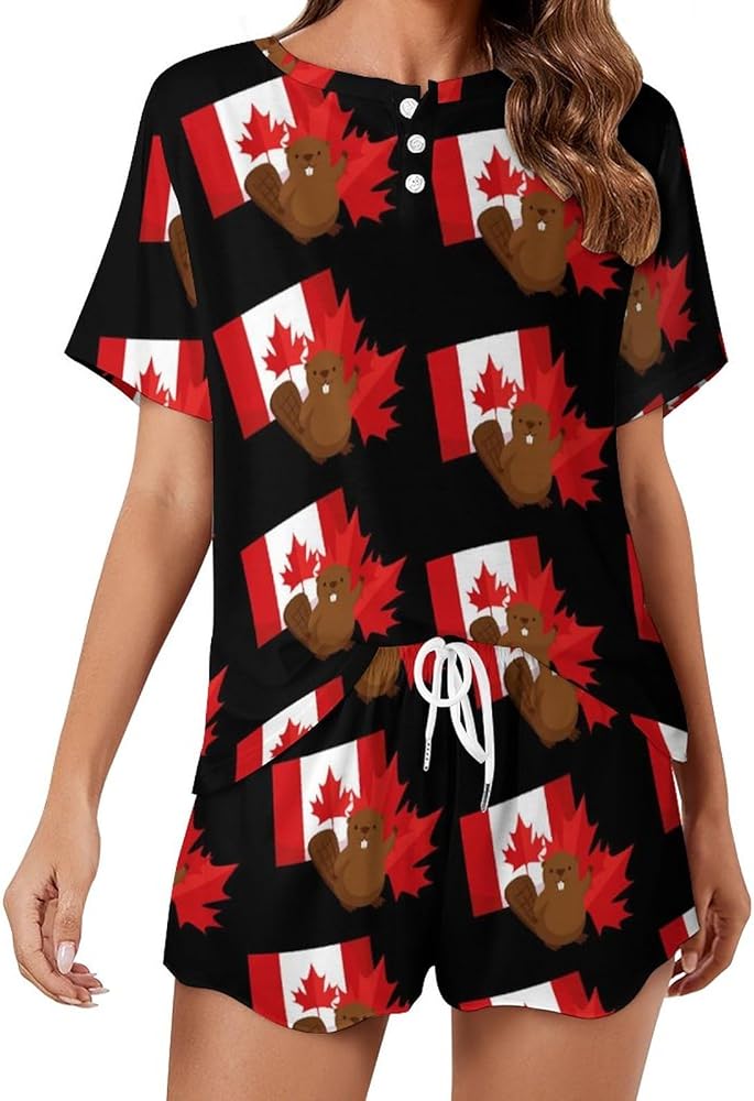 Groundhog And Canada Maple Leaf Classic Women's Pajamas Loungewear Set Loose Short Sleeve Sleepwear With Pockets