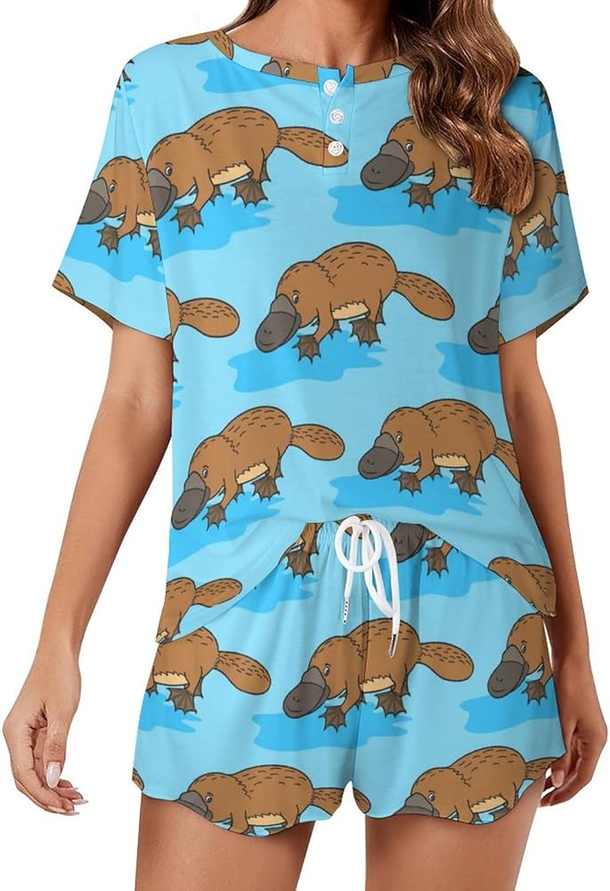 Platypus Animal Duck-billed Classic Women's Pajamas Loungewear Set Loose Short Sleeve Sleepwear With Pockets