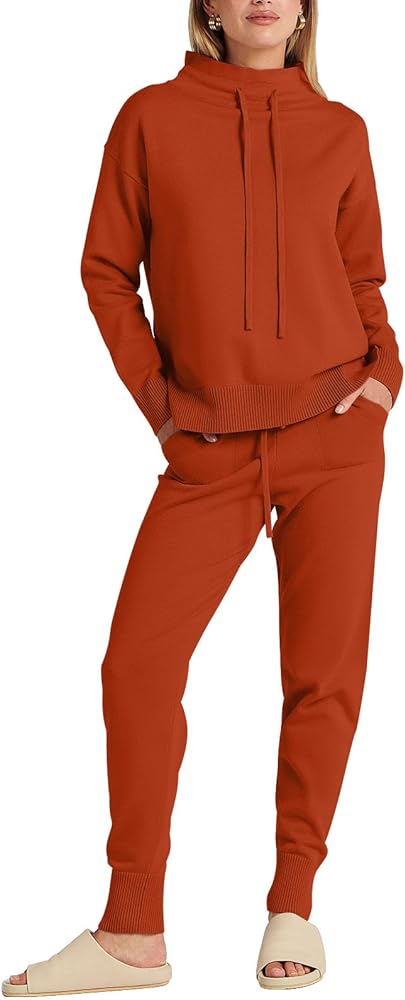 ANRABESS Women Two Piece Outfits Turtleneck Pullover Top Cozy Knit Sweater Pants Lounge Set 2024 Fall Sweatsuit Sweatsuits