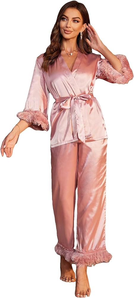 OYOANGLE Women's 2 piece Pajama Set Fuzzy Trim Satin Sleepwear Flare Sleeve Belted Top and Pants Lounge Set