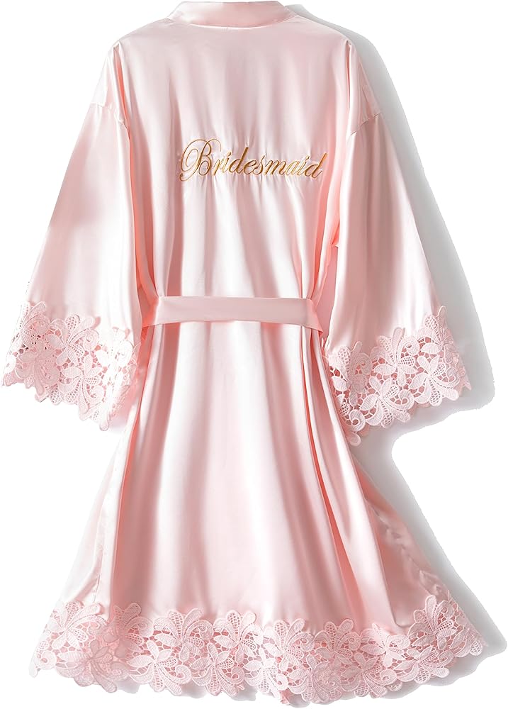 Crystal Dew Women's Lace Trim Bride Kimono Robes with Embroidery Bridal Silky Satin Bathrobe Wedding Party Sleepwear