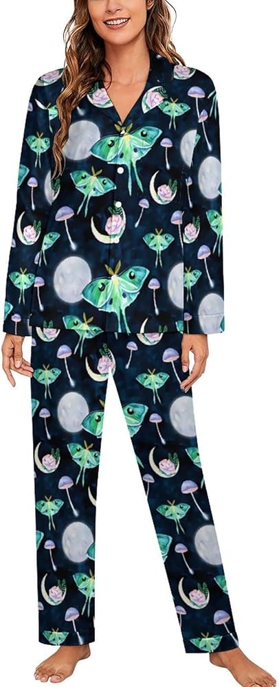 Moth Butterfly Fullmoon Cotton 2 Pcs Womens Pajama Sets Long Sleeve Sleepwear Cuban Collar Nightwear Loungewear