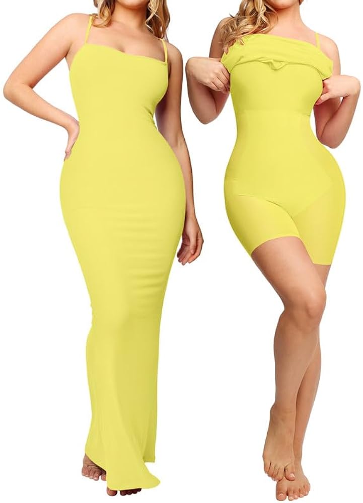 Popilush Shapewear Dress Womens Summer Long Dresses Built-in Bra Slip Bodycon Maxi Dress with Adjustable Straps