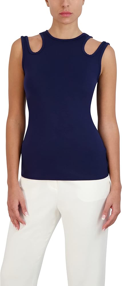 BCBGMAXAZRIA Women's Fitted Top Shoulder Cut Out Crew Neck Shirt