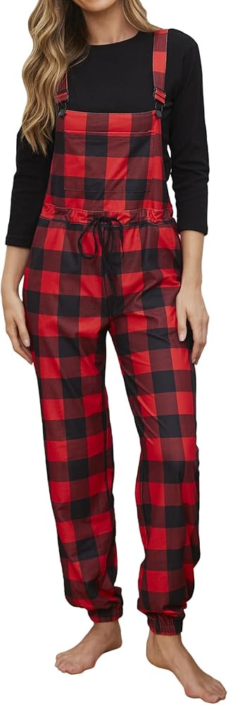 Womens Buffalo Plaid Pajama Overalls Christmas Loungewear Pjs