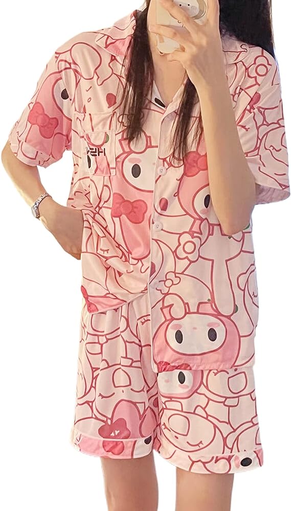 Kawaii Silk Pajamas For Women Girl Satin Two-Piece Pj Set Cute Cartoon Sleepwear Cardigan Pants Sets Home Clothes