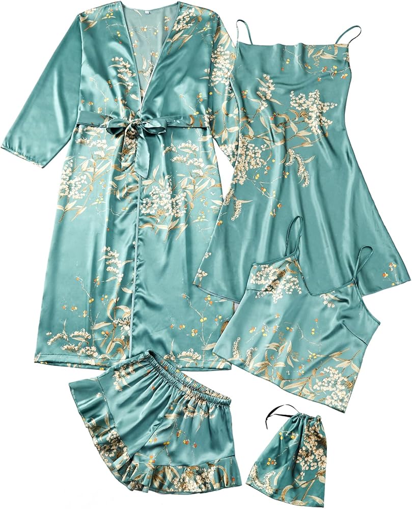 Rooscier Women's 4pcs Sleepwear Satin Floral Cami with Shorts Cowl Neck Dress Pj Set with Robe