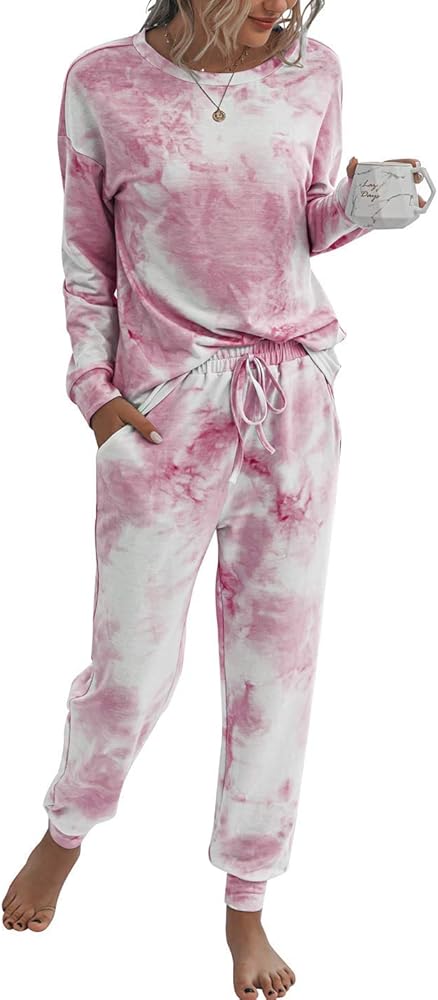 TSMNZMU Women's Pajama Sets Tie Dye Casual 2Pcs Sleepwear Long Sleeve Pullover Tops Long Pants Pockets Joggers