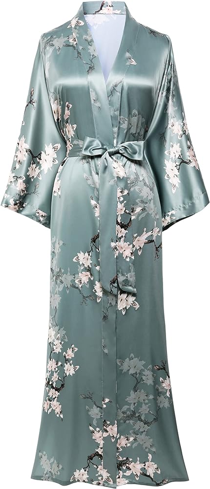 BABEYOND Floral Kimono Robe Satin Silk Wedding Robe 1920s Women Nightgown Sleepwear 53 Inches Long Robe