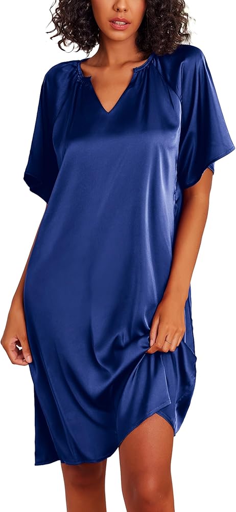 Ekouaer Womens Sleep Dress V Neck Silk Sleepwear Short Sleeve Nightgown Comfy Loungewear Pajama Dress (Navy Blue, L)