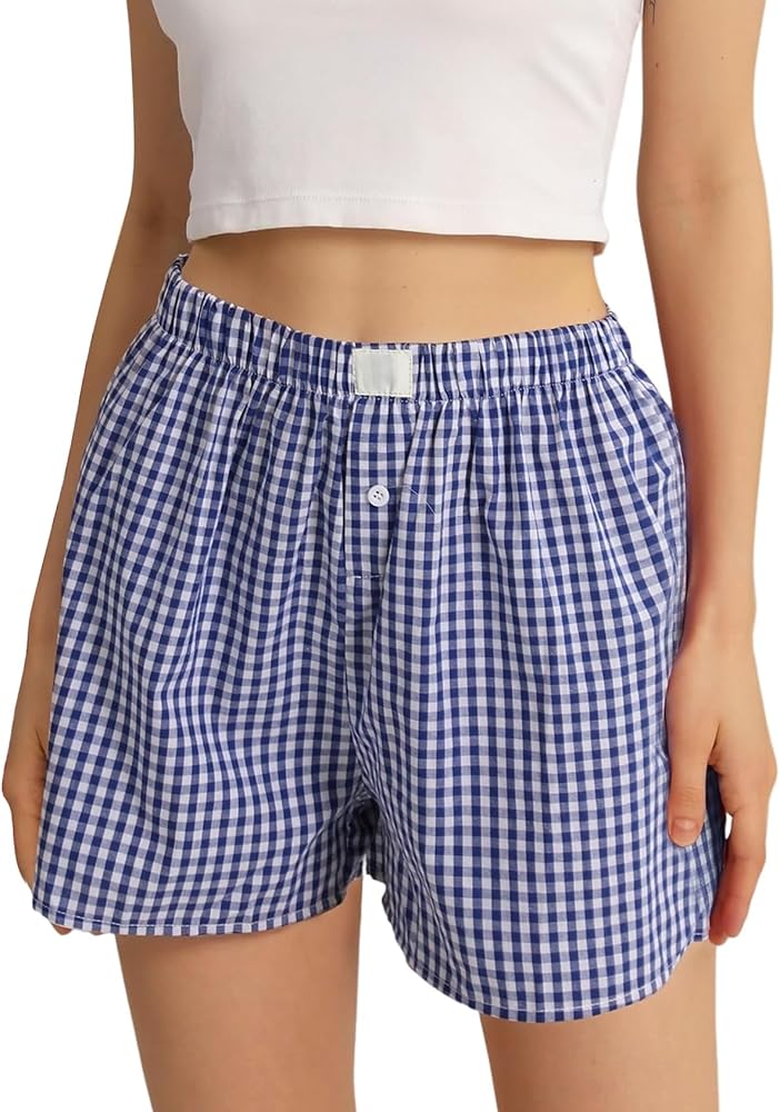 Gihuo Women's Y2K Plaid Shorts Gingham Lounge Boxer Shorts High Waisted Pajama Bottoms Casual Cute Pj Pants Sleepwear