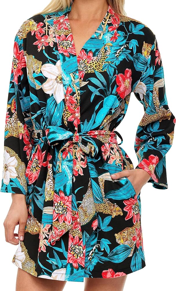 Alexander Del Rossa Short Kimono Robe for Women, Short Robes for Women Lightweight, Knit Cotton Floral Robe