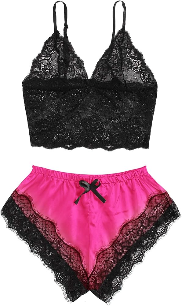 SweatyRocks Women's Lace Cami Top with Shorts with Panties 2 Piece Set Sexy Lingerie Pajama Set