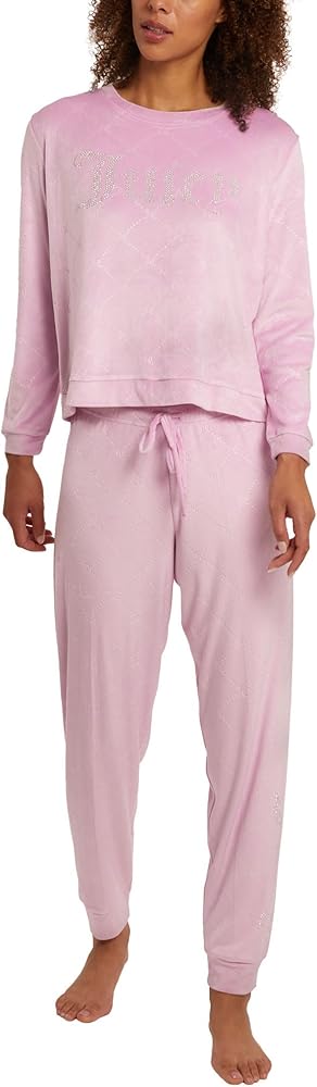 Juicy Couture Women's 2 Piece Velvet Fleece Long Sleeve Top and Pants Lounge Sleepwear Set (US, Alpha, Small, Regular, Regular, Muse JC Embossed Logo)