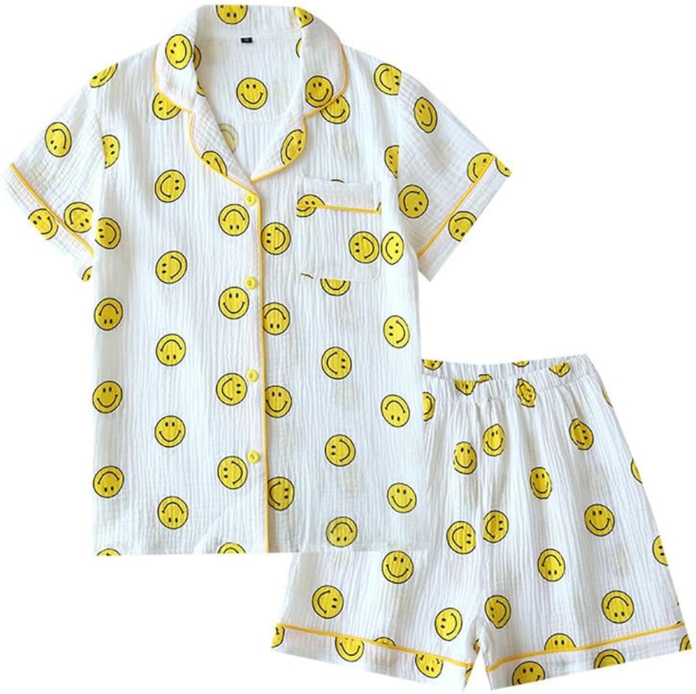 Shanghai Story Women's Pajamas Set Smile Face Print Cotton Button Down Short Sleeve Shirt Shorts Sleepwear PJs Set