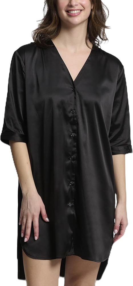 Mad Dog Satin Night Shirts for Women - Silk Like Nightshirt Pajama - Sexy Sleep Shirts, Button Down Sleepwear Nightgowns