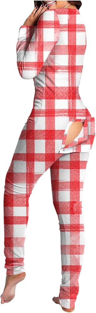 Womens Sexy Long Pjs Jumpsuits Butt Flap One Piece Pajamas Plaid Printed Onesie Button V Neck Sleepwears Bodysuit