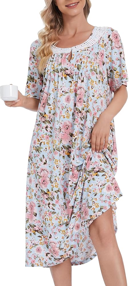 Cotton Nightgowns for Women Soft Sleep Dress Ladies Short Sleeve Sleepwear with Pockets