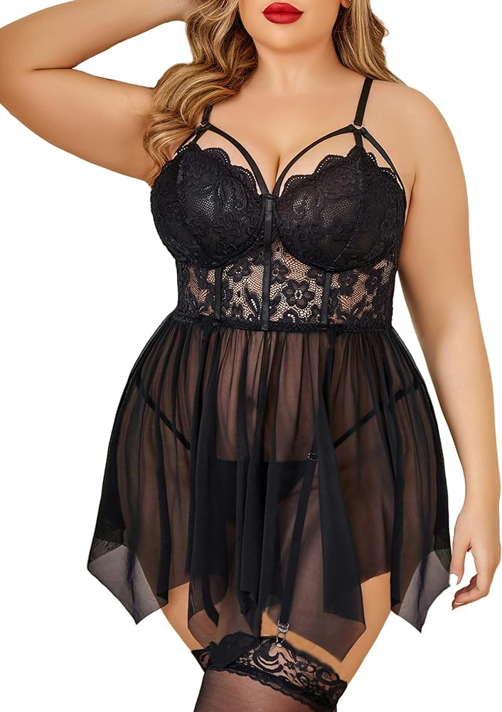 Avidlove Christmas Lace Babydoll For Women Mesh Lac Babydoll Lingerie Sexy Set For Bachelorette Party Black