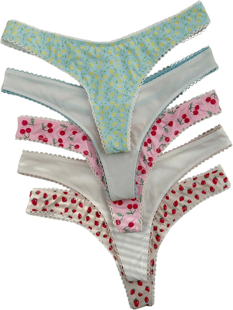 Verdusa Women's 5 Pack Thongs Cute Panties No Show Underwear Low Rise Hipster