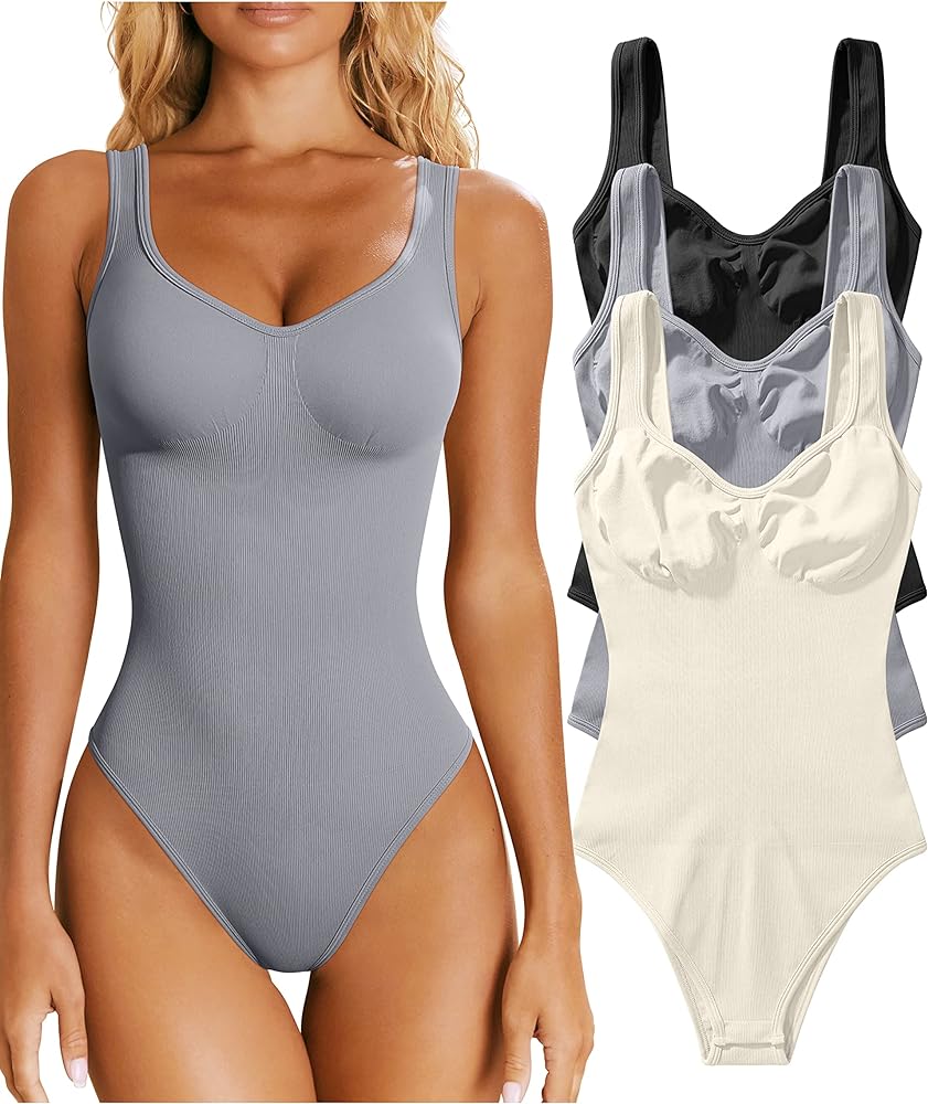 OQQ Women's 3 Piece Bodysuits Sexy Ribbed Sleeveless Shapewear Tank Tops Bodysuits