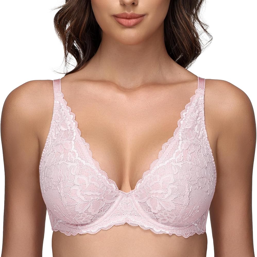 Wingslove Women's Sexy Bra Sheer Lace Bra Plunge Unlined Full Coverage See Through Underwire Bra