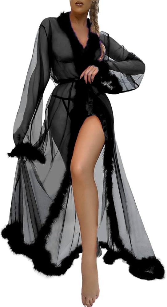 Sexy Lingerie For Women Naughty See Through Long Sleeve Tulle Robe Exotic Nightgowns Lace Mesh Feather Bridal Lingerie