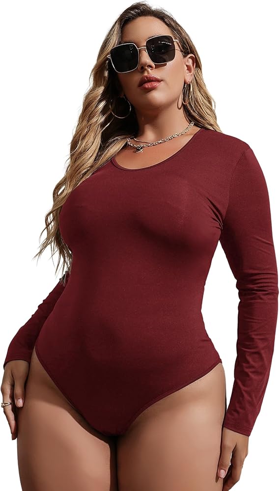 SOLY HUX Plus Size Bodysuit for Women Scoop Neck Long Sleeve Tops T Shirts Bodysuit