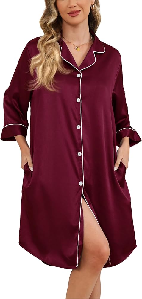 Women's Silk Nightgowns Button Down Sleep Shirts Boyfriend 3/4 Sleeve Satin Nightshirt Pajama Dress